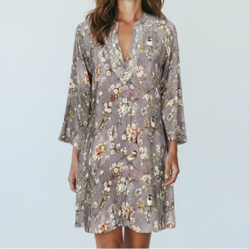Amaya 100% Silk Floral Embroidered Split V-Neck Long Sleeve Mini Dress Size 38